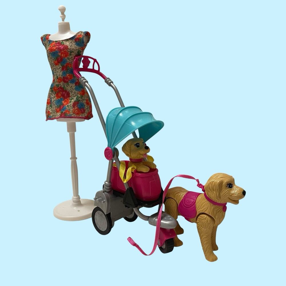 Barbie Strollin Pups Playset Interactive Doll Taffy Dog Stroller Toy Mattel